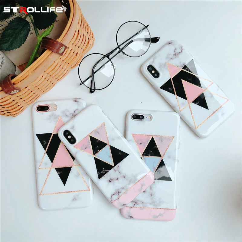 

STROLLIFE Geometric Pattern Phone Cases for iPhoneX XS Max XR Diamond Marble Cover for IPhone8 7 6s Plus Back Cover Candy Color