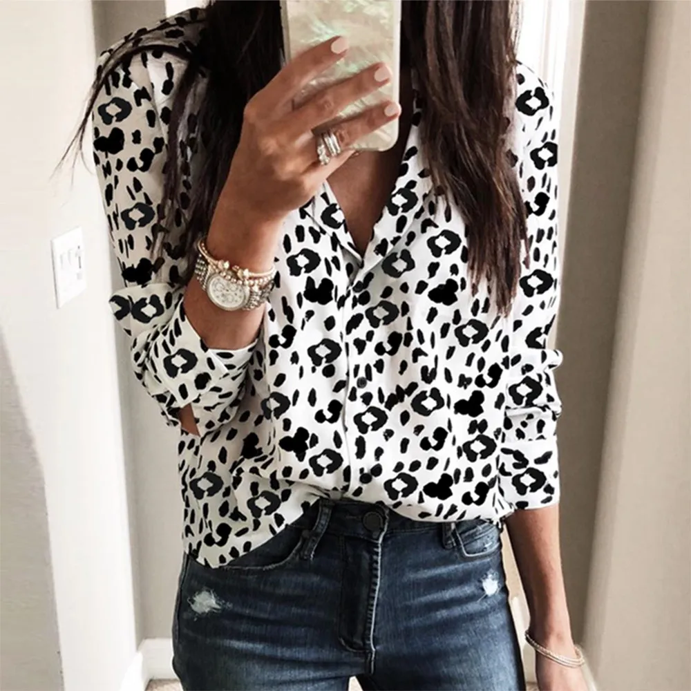 

Feitong Fashion Women Long Sleeve Leopard Blouse V neck Shirt Ladies Party Top Dames Streetwear Blusas Mujer De Moda 2019