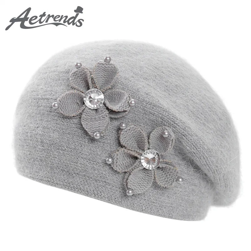 [AETRENDS] Winter Hat Berets Rabbit Floral Beret Hats for Women Fashion
