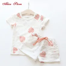 Комплект из 2 предметов, детская одежда на каждый день, комплекты детской одежды для девочек, лето, с сердечками, кофты для девочек, костюм рубашка+ шорты, детская одежда