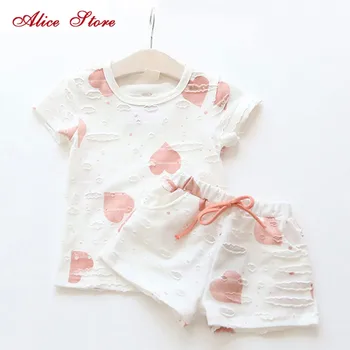 

2pcs/sets,Casual Kids Clothing Baby Girls Clothes Sets Summer Heart Printed Girl Tops Shirts + Shorts Suits Children's Clothing