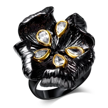 

Flower Rings for women black Ring with cubic zircon stone new design indian ring fashion jewelry Free shipment