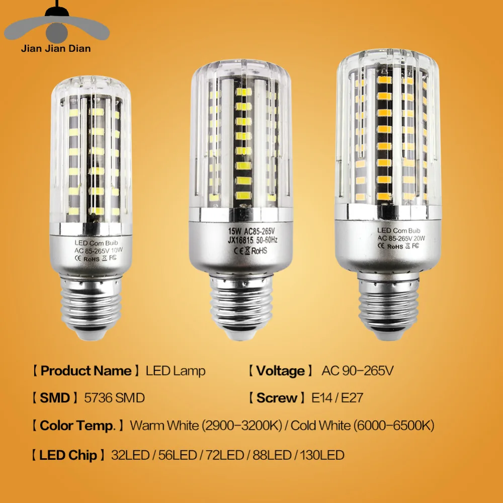 10 Packs JJD E14 LED Corn Bulb 32 56 72 88 130 LEDs E27 LED Lamp