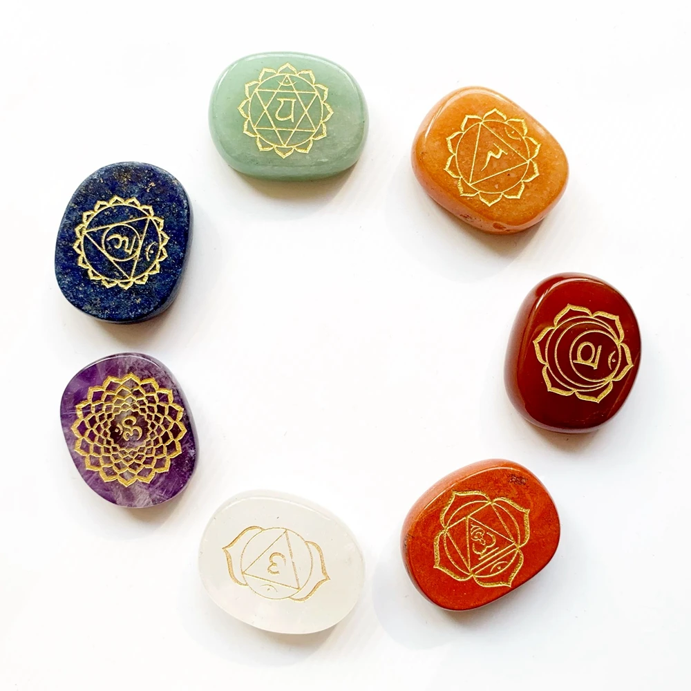 7 Chakra Stones Set Palm Stone Crystals Polished Yoga Meditation Reiki Healing Stones Crystals Engraved Chakra Symbols Wholesale Figurines Miniatures Aliexpress