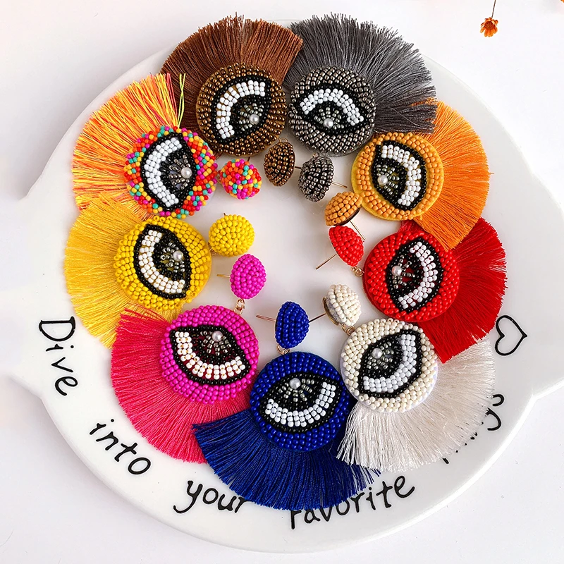 

Bohemian Handmade Beads Big Eye Tassel Drop Earrings For Women Vintage Wedding Girls Party Gift red Crystal Earrings Brincos