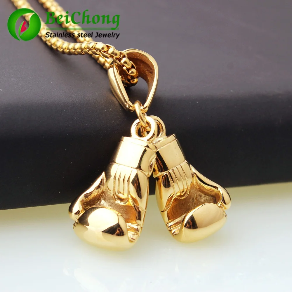 

(10 pieces/lot) Men Necklace & Pendant Gold Color Stainless Steel Chain Pair Boxing Glove Charm Fashion Sport Fitness Jewelry