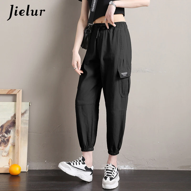 

Jielur Boyfriend Harajuku Cargo Pants Women Fashion Pockets Khaki Pantalon Femme High Waist Streetwear S-XXL Black Pants Female