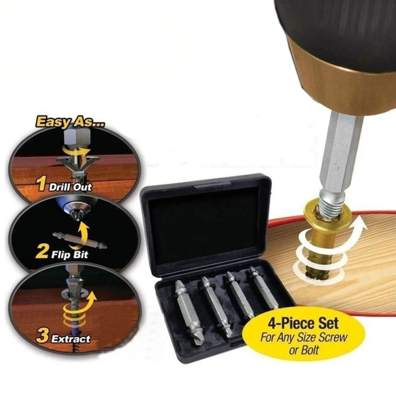 

SWDPORT 4Pcs Screw Extractor Drill Bits Guide Set Broken Damaged Bolt Remover Double Ended Damaged Screw Extractor Mini Tool Bit