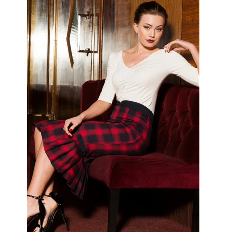 

40- women vintage 40s frenchie pencil skirt in Red tartan elegant high waist wiggle mid saia plus size skirts faldas jupe
