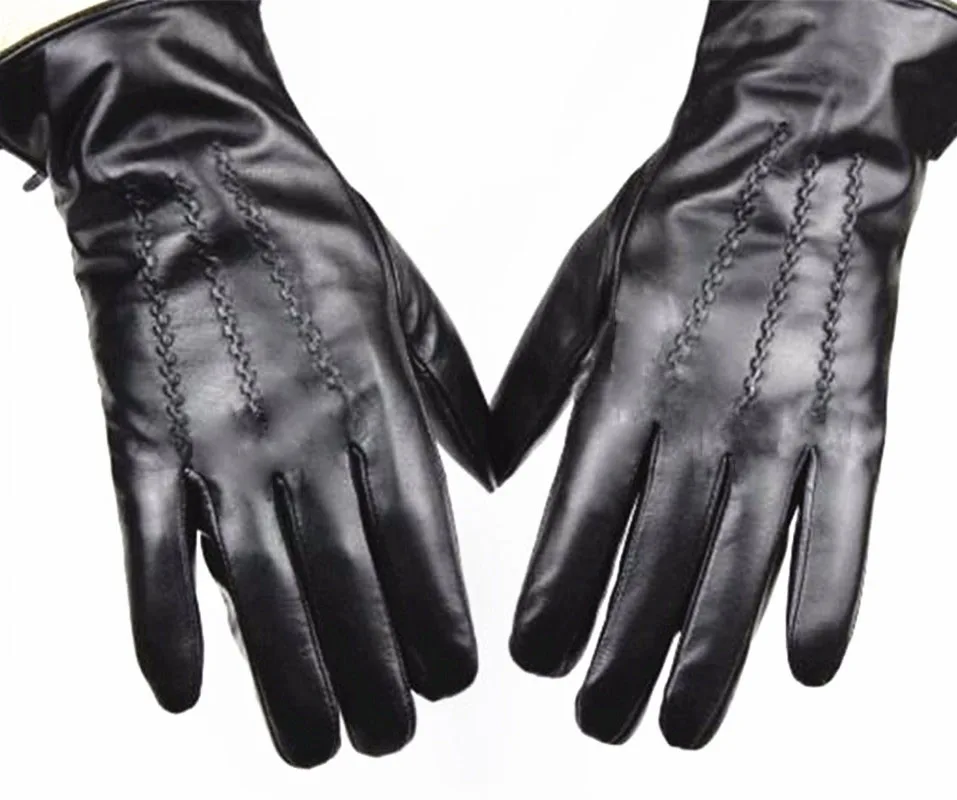 

Leather Glove Men's Straight Button Style Sheepskin Gloves Brown Velvet lining Autumn & Winter Season Free Shipping