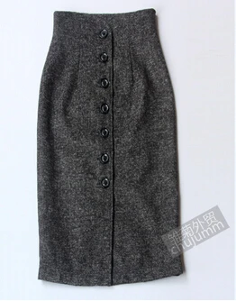 Осенне-зимние юбки с высокой талией, Длинная тонкая юбка, однотонная шерстяная однобортная юбка-карандаш, модная зимняя юбка - Цвет: Черный