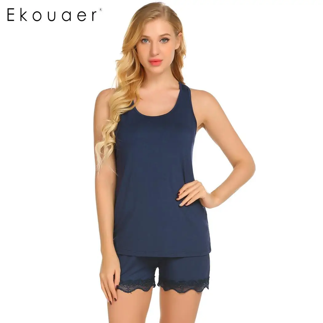 Ekouaer Short Pajamas Set Nightwear Women Casual Lace Patchwork Tank