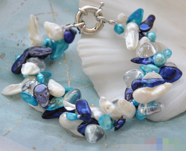 

Hot sell ->@@ > 08682 2row baroque tail white blue green pearl crystal bracelet -Top quality free shipping