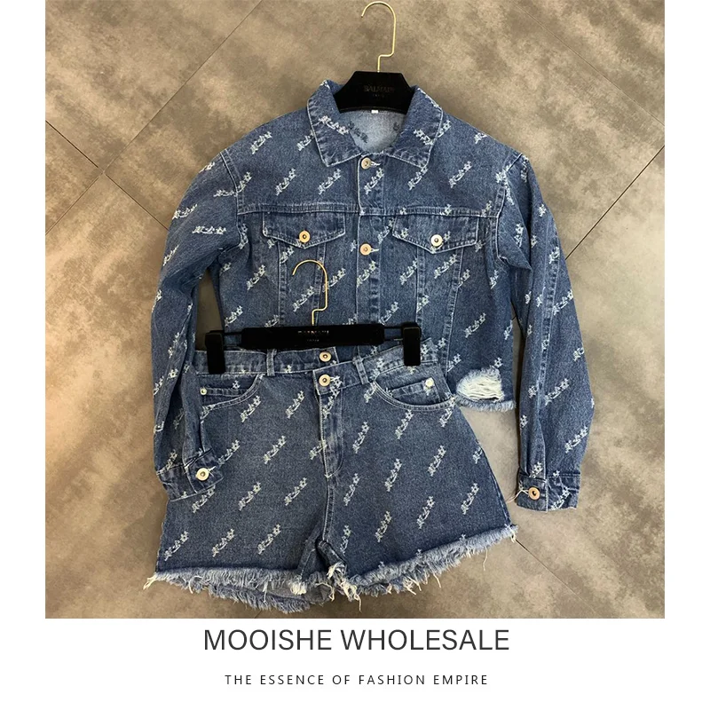 2019 Summer New Girl Pattern Hole Denim Jacket With Shorts Set Women 2pc Set