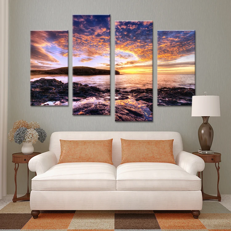 Unframed 4 Pieces Beautiful Sunset Seascape Wall Painting on Canvas for Home Decoration Ideas Paints Living Room Wall Artwork