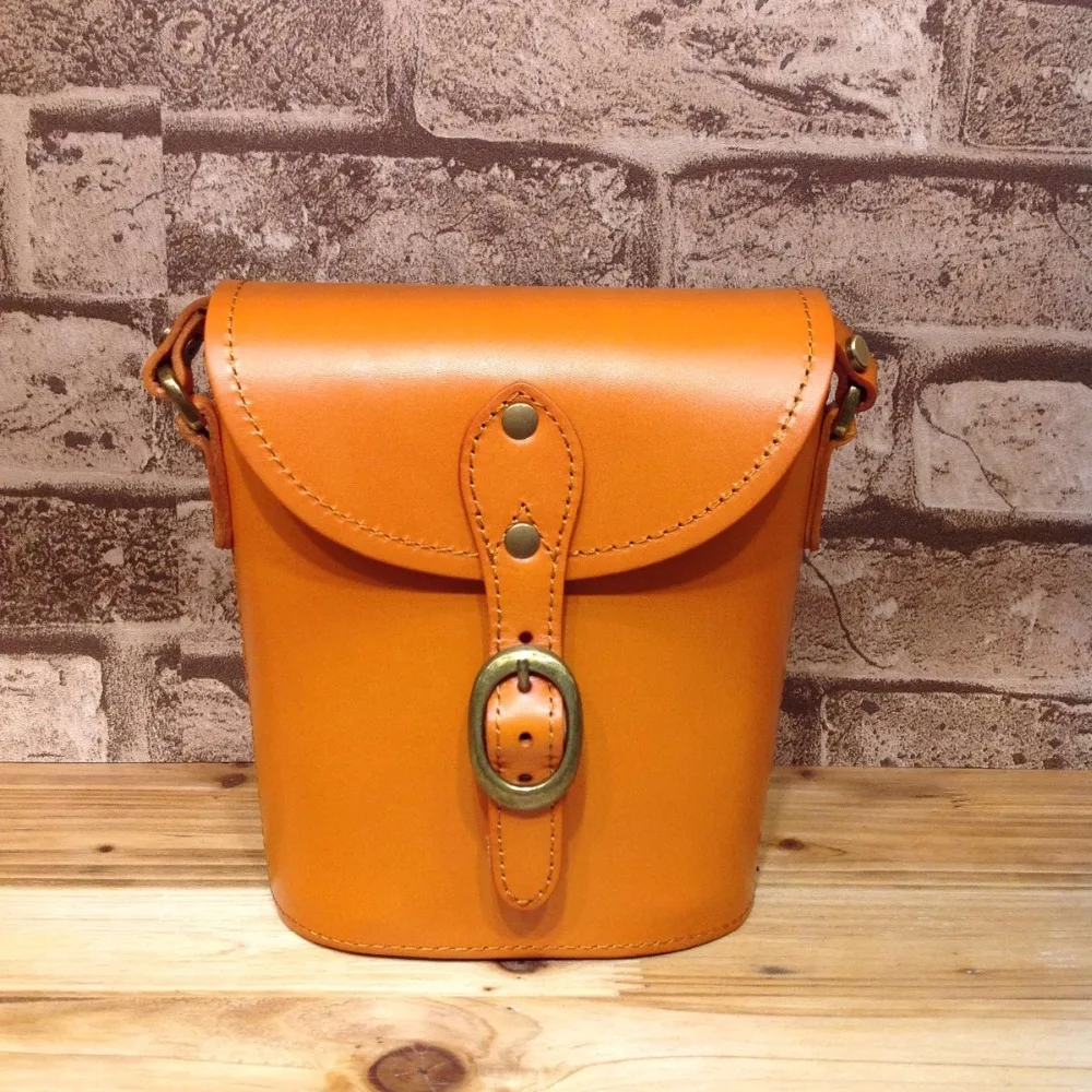 

100% Hand Stitched Vintage Designer Ladies Bucket Bag Women Mini Crossbody Bag Genuine Leather Orange Color Female Shoulder Bag