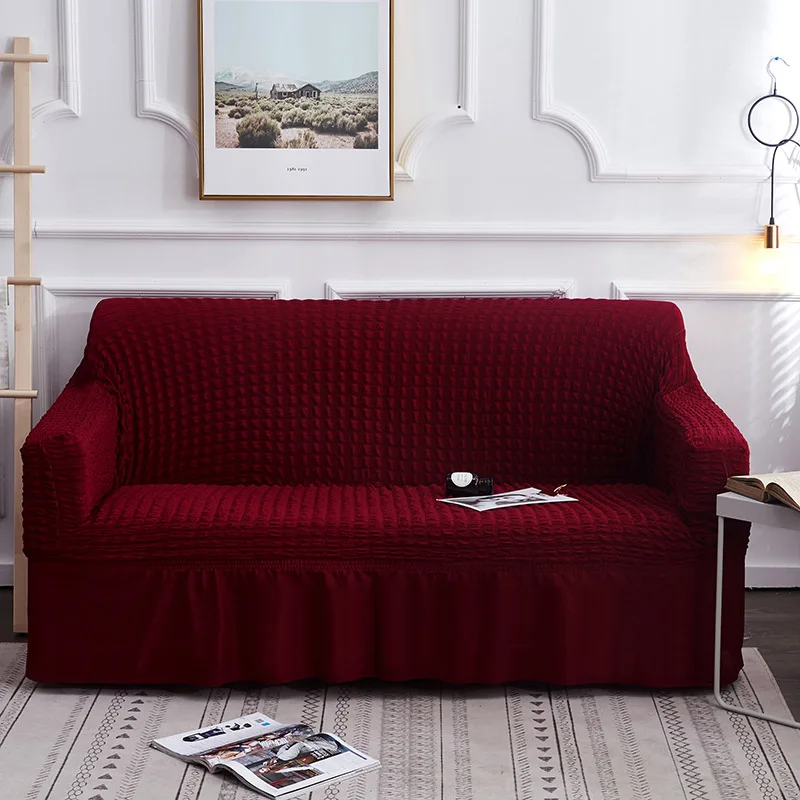 Жаккардовая ткань для диванов с юбка стрейч крышка универсальный нескользящий чехол мебель чехол для гостиная 1/2/3/4-сиденье дивана - Цвет: Бургундия