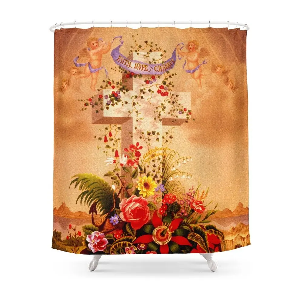Faith Hope Charity Christian Cross Shower Curtain Set Waterproof