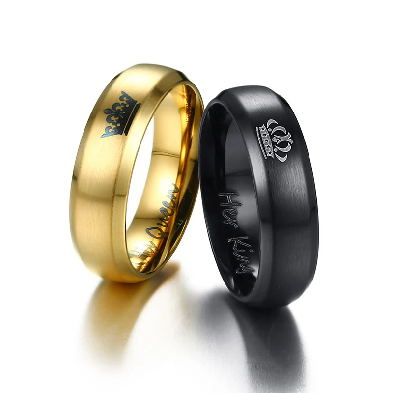 Lovers' Ring Black Gold Color Couple Ring Stainless Steel Wedding Alliance Crown Ring for Women and Men Promise Jewelry