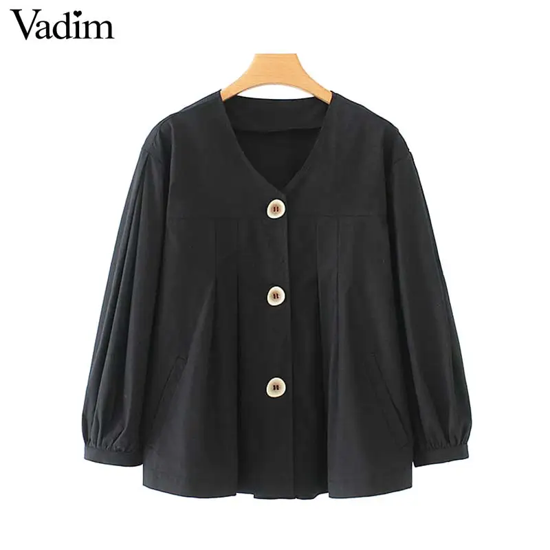 

Vadim women sweet solid blouse buttons V neck long sleeve pleated female shirt chic casual tops blusas LB079
