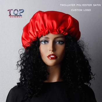 

Custom LOGO Red Bonnet High Elastic Band Hair Cover Comfortable Night Sleep Bonnet Ladies Soft Satin Hat Hair Bonnets