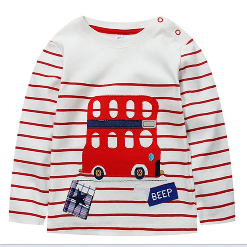 

Tees new boys Long Sleeve striped applique car T-shirts jumping meters Tops Kids T shirt spring autumn winter Children Clothes