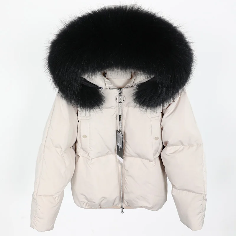 Maomaokong2018 Новая зимняя Женская куртка с натуральным большим воротником из меха енота, белое пуховое пальто, женская куртка с капюшоном, парка - Цвет: Серебристый