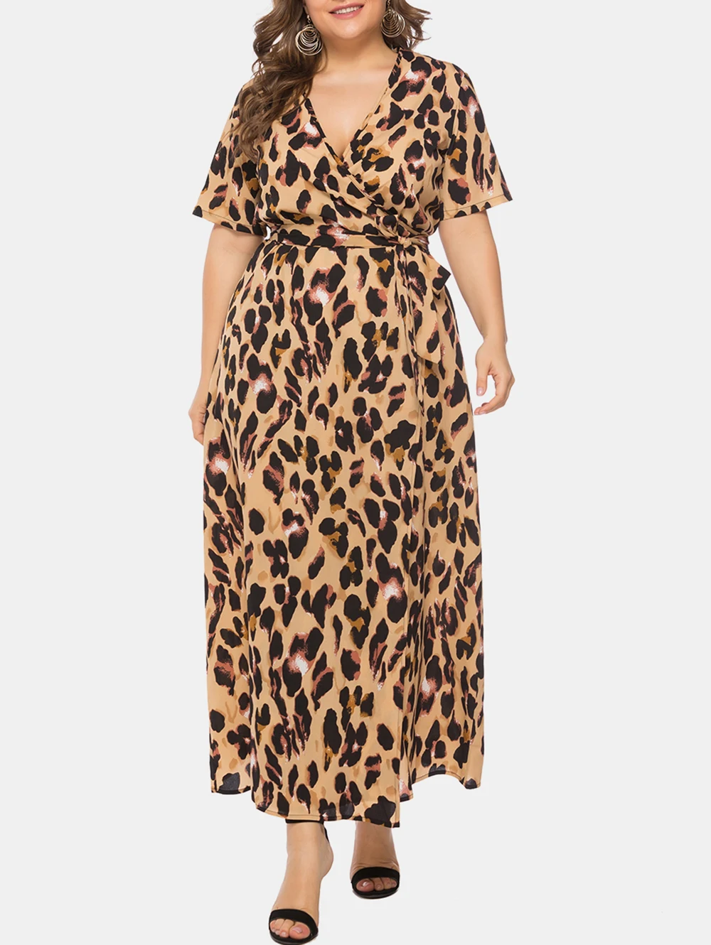 Wipalo женское платье большого размера 6XL с леопардовым принтом, Платье макси с v-образным вырезом и коротким рукавом, Повседневное платье длиной до лодыжки, летнее платье - Цвет: Camel Brown