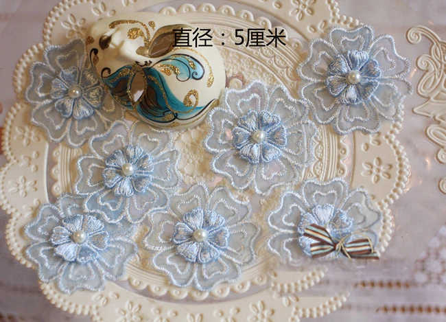 

30pcs 5cm 1.96" wide ivory/blue beads dress clothes mesh embroidered lace appliques patches L14M75 free ship
