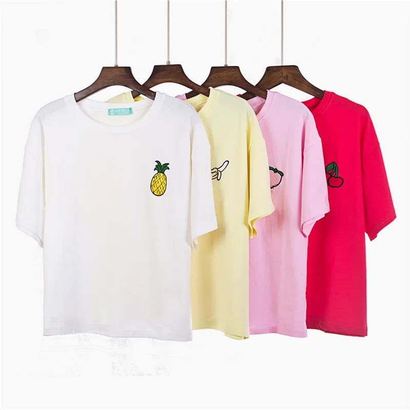 

2018 Summer T Shirt Women Tops Peach Pineapple Banana Cherry Fruit Candy Color Embroidered Short-sleeved T-shirt Loose T Shirts