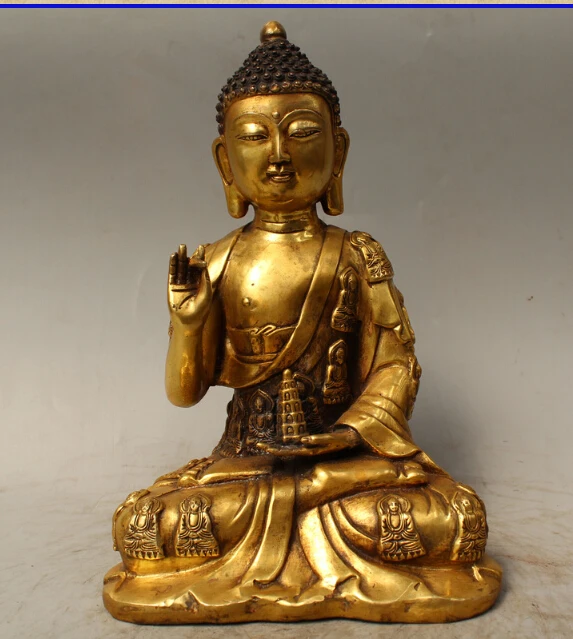 

free 12" Tibet Buddhism Bronze Gild Sakyamuni Amitabha Buddha pagoda fast