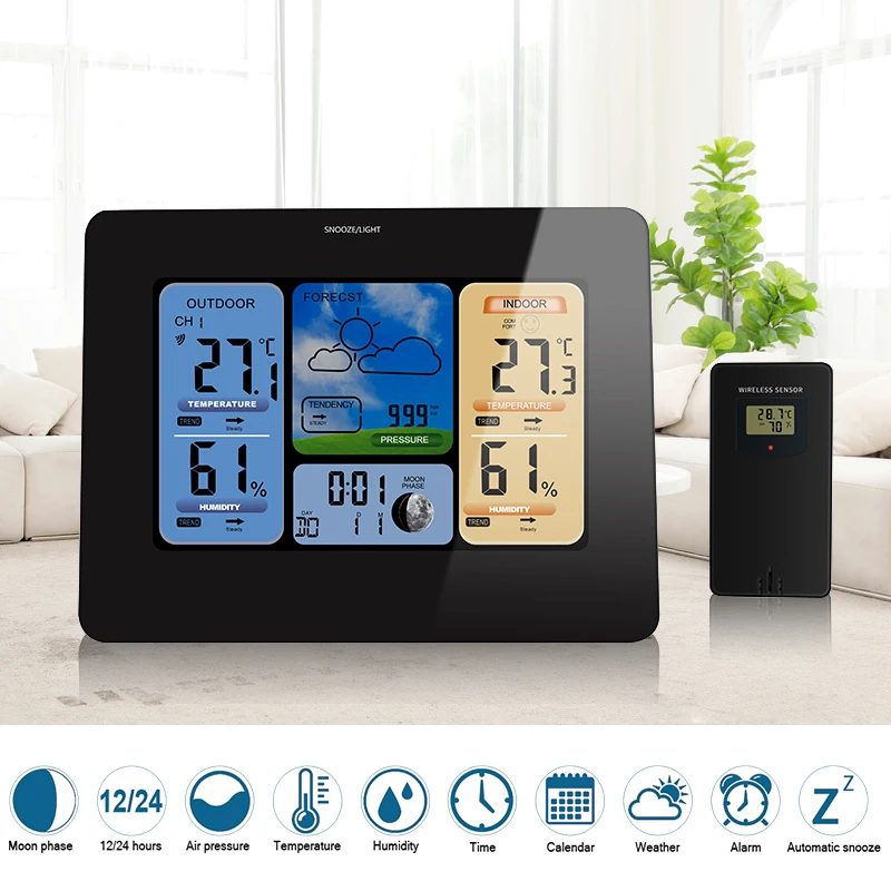 

Digital Weather Station Indoor Outdoor Color Forecast Station with Sensor Alarm Clock Temperature Humidity Alerts Moon Phase