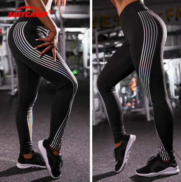 

Reflective Leggings Glow in the Dark Night Light Stripes Laser Fitness Yoga Pants Tights Sportswear Tracksuit Women Female