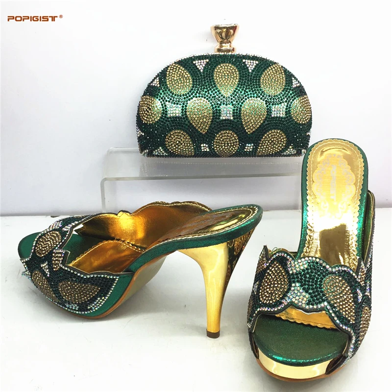 Italian Matching Shoe and Bag Set Green Color High Heel Shoes Decorated