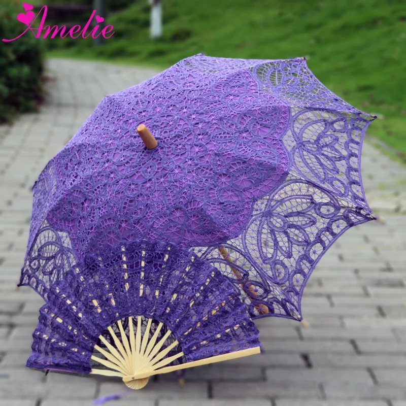 Theatre Performances Princess Dancing Cotton Lace Parasol and Fan Beach Wedding Party Decorated Flower Umbrella