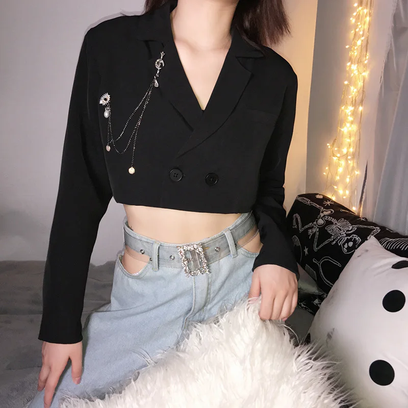 Fitshinling 2019 Autumn Winter Blazer Feminino Fashion Chain Cropped Coat Long Sleeve Buttons Slim Women Blazers And Jackets New