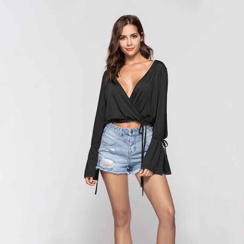 Short Sexy T-shirt Women Deep V Neck Full Sleeve Crop Top Trumpet long-sleeved solid loose T shirt