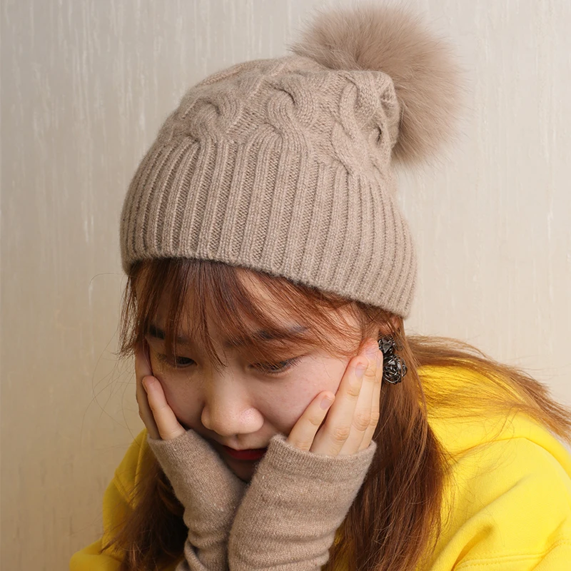 

lovely winter knitted Hat for Women Warm Slouchy Cap Crochet ball Ski fox Fur Hat PomPoms Hats Female Soft Baggy Skullies Beanie