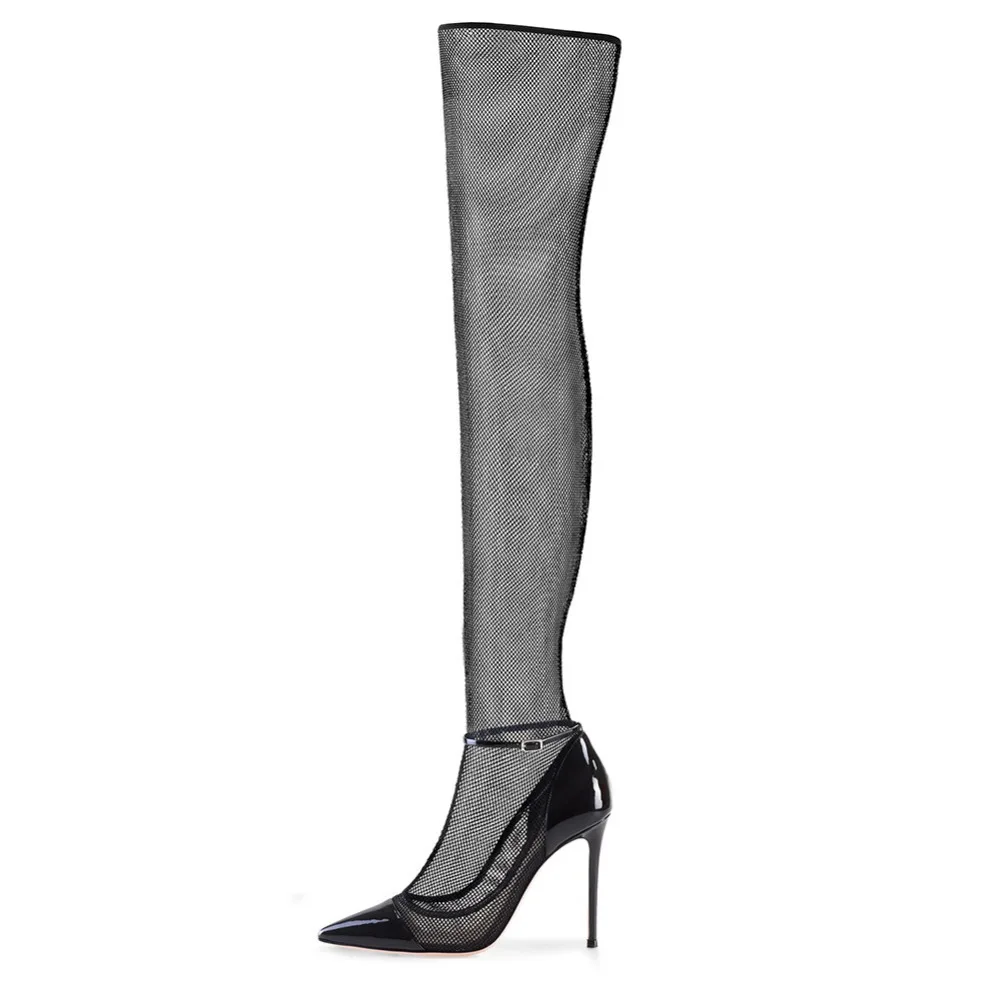 

newest summer Mesh thigh high boots women sexy high heels pumps sandals black cut-out lace black Patent leather gladiator sandal