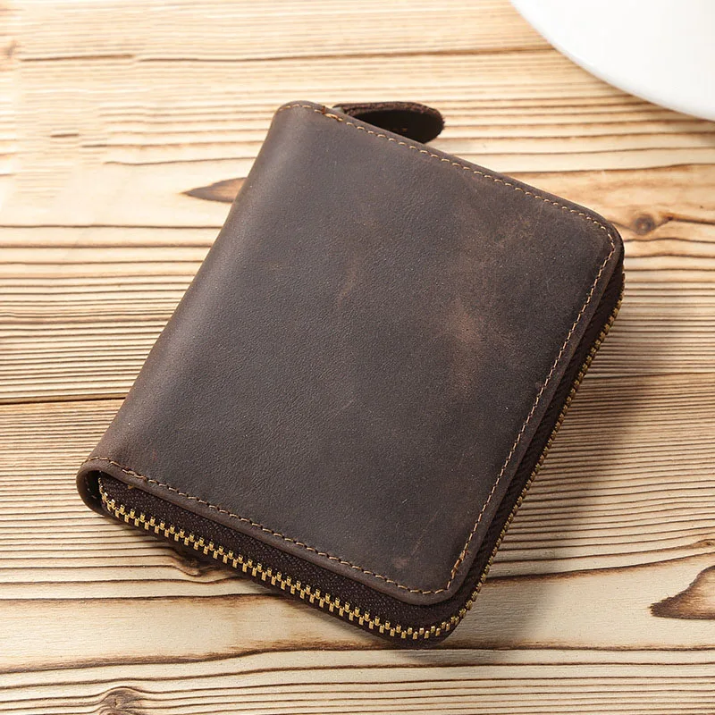 

Europe and the United States style short paragraph retro crazy horse leather zipper wallet horizontal section shield magnetic le