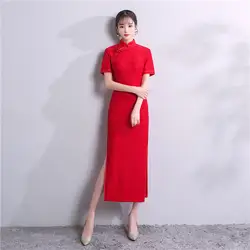 Красный китайский невесты Свадебная вечеринка Qipao элегантные женские короткий рукав кружево Длинные Cheongsam Винтаж ручной работы Кнопка тонк