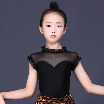 

Latin Top Girls Black Short Sleeve Ice Silk Shirts Children Performance Practice Clothes Salsa Tango Cha Cha Dancewear DN3092