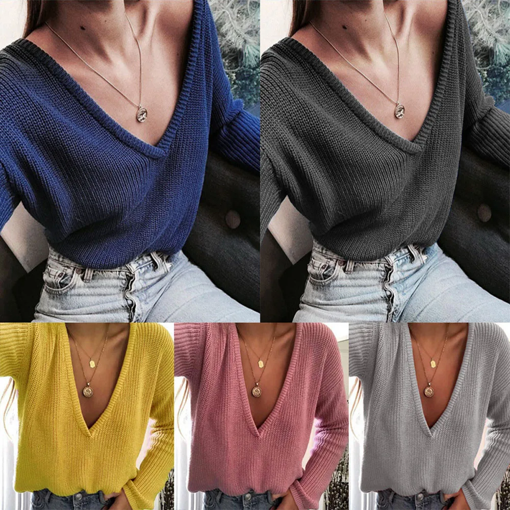 

JAYCOSIN Women Casual Deep V Neck Knitted Sweater Jumper Tops Long Sleeve Pullover Women Solid Color Loose top mujer verano sexy