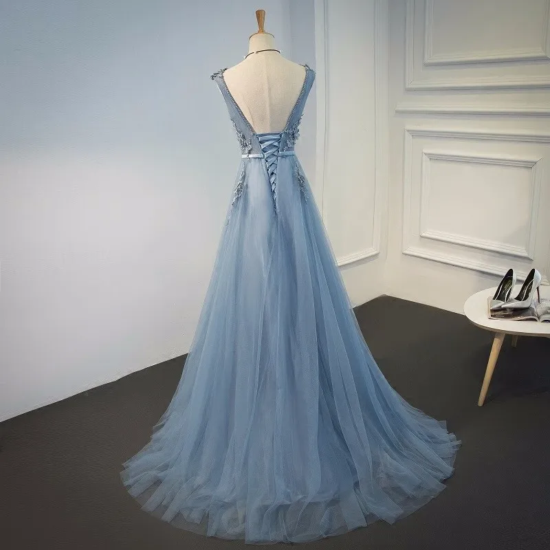 Tulle Appliques V Neck Lace Up Sleeveless Blue Long Evening Dress