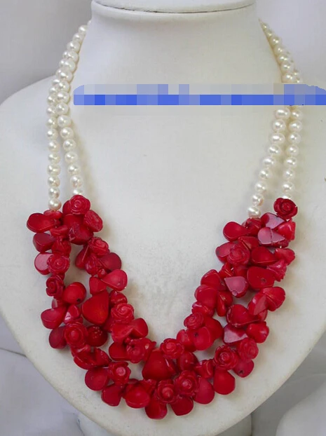 

fast n1350 superb 2strands 19'' 11m flower red coral white pearl necklace (A0501)