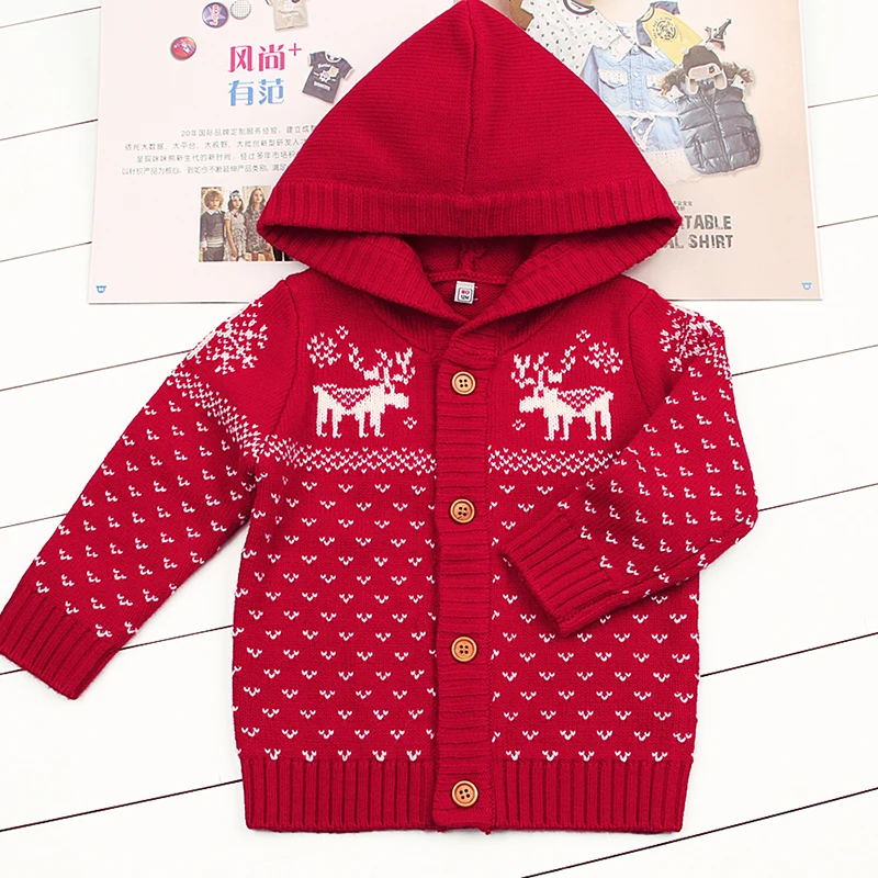 Новые свитера для маленьких мальчиков и девочек; пальто; детская одежда; осенне-зимняя куртка; Рождественский вязаный кардиган для малышей; джемпер с капюшоном и длинными рукавами