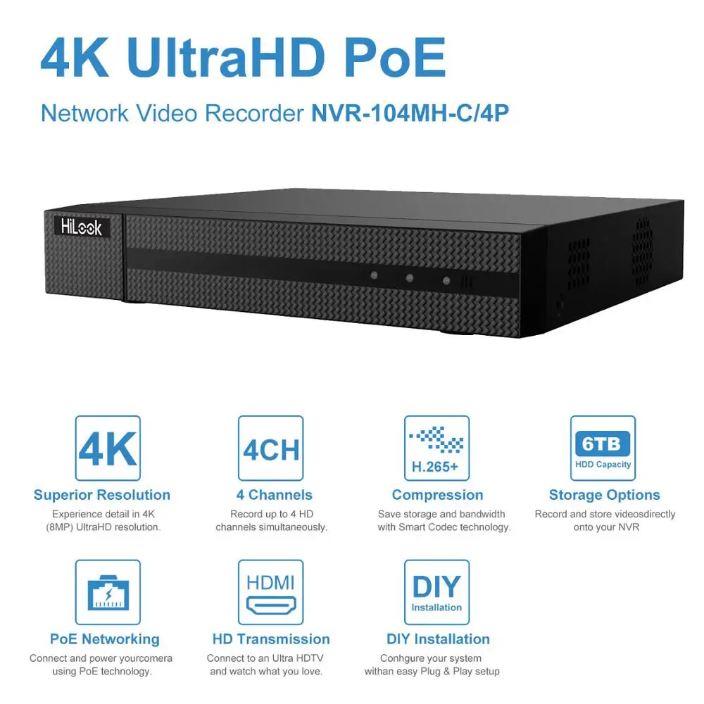  HiLook CCTV System Onvif 4CH POE NVR-104MH-C/4P Hikvision Plug & Play 4 Channel 4K PoE NVR 1 SATA V