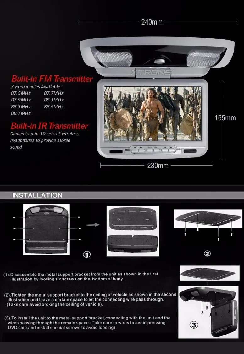 Best 9 Inch Car Roof Monitor DVD Flip Down Car DVD with 2 IR Headphones IR/ FM Transmitter Grey Color (Black & Beige Optional) 5