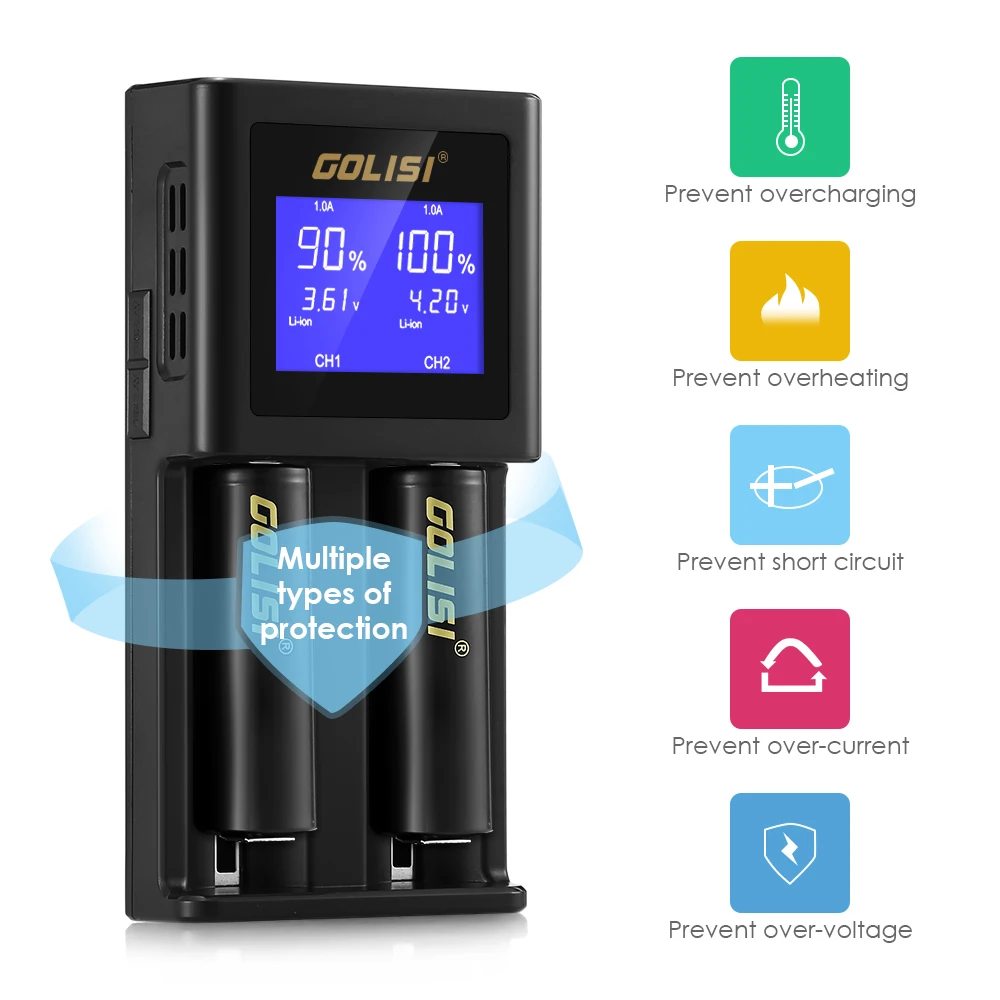 

Original GOLISI S2 2.0A Smart Battery Charger LCD for 18650 20700 26650 Li-ion Ni-MH Ni-Cd AA AAA Rechargeable charger Battery