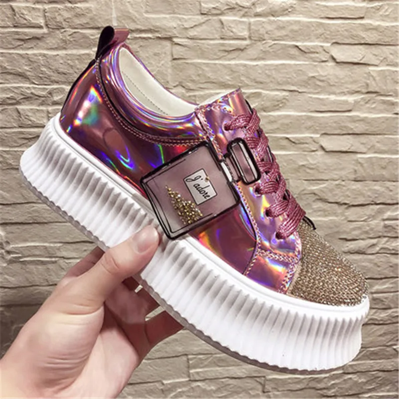 

2019 New arrival Luxury Rhinestones Sneakers Lace Up Flat Shoes Woman Bling Mixed Color Crystal platform Cozy Women Casual Shoes
